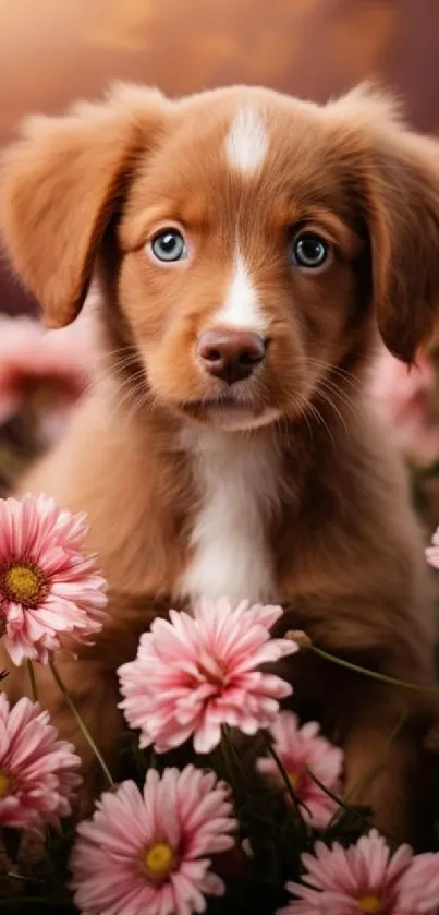 A cute puppy sits among pink flowers in a serene garden setting.