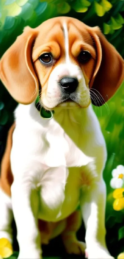 Adorable beagle puppy amidst vibrant flowers.