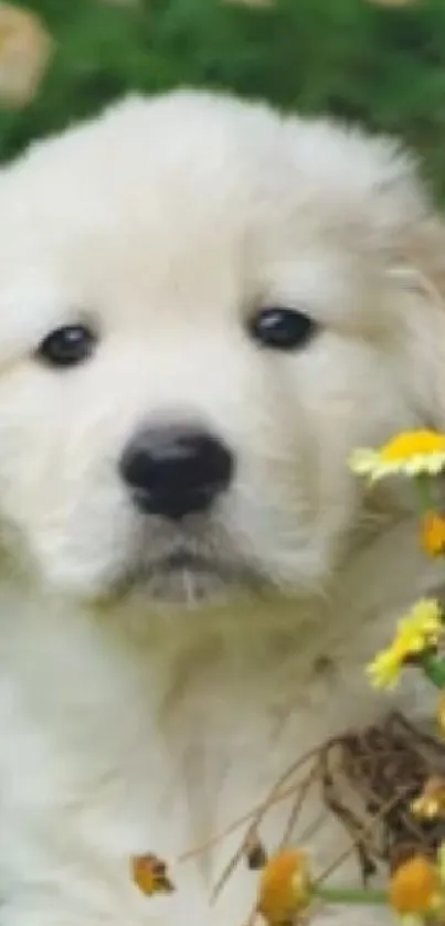 Fluffy puppy nestled among vibrant yellow flowers in a garden.