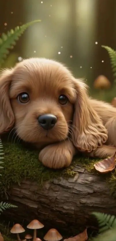 Cute puppy resting on a mossy log in a forest setting.