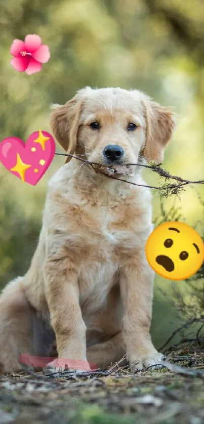 Golden retriever puppy in forest with emojis.