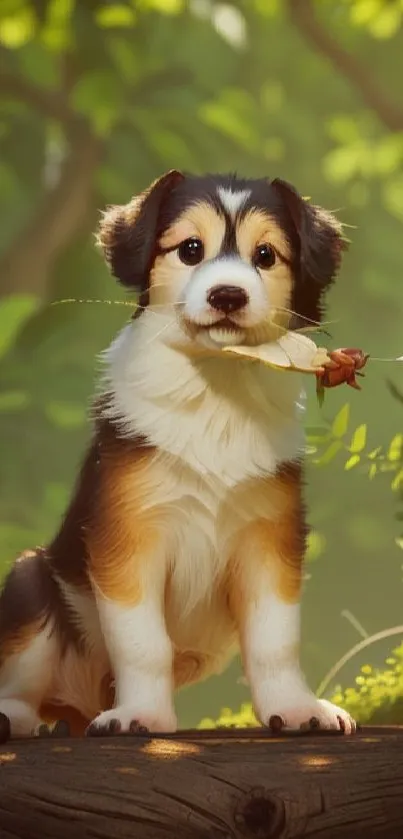 Adorable puppy holding a leaf in a lush forest setting.