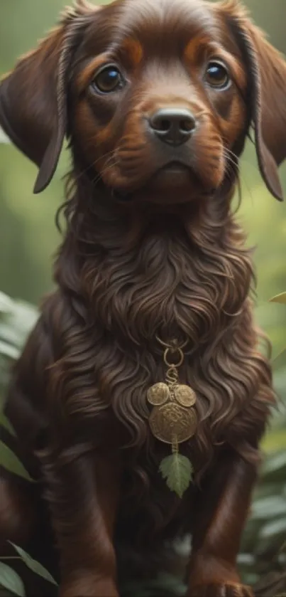 Adorable chocolate brown puppy in a green forest setting.