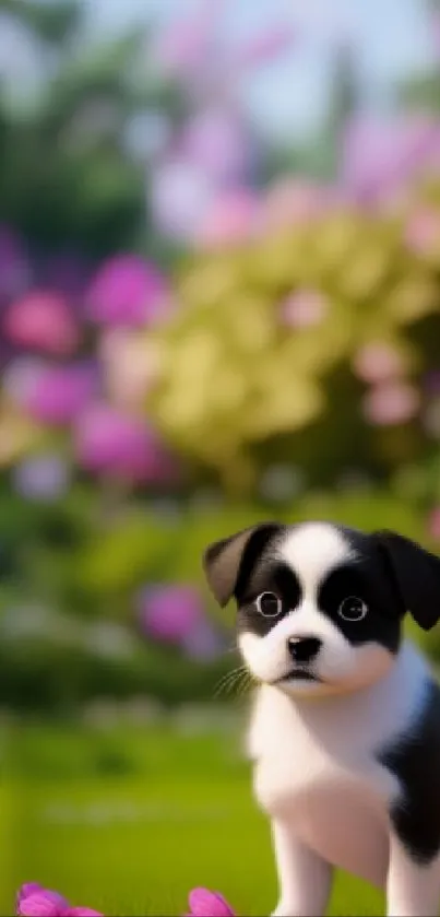 Cute puppy in vibrant garden with pink flowers.