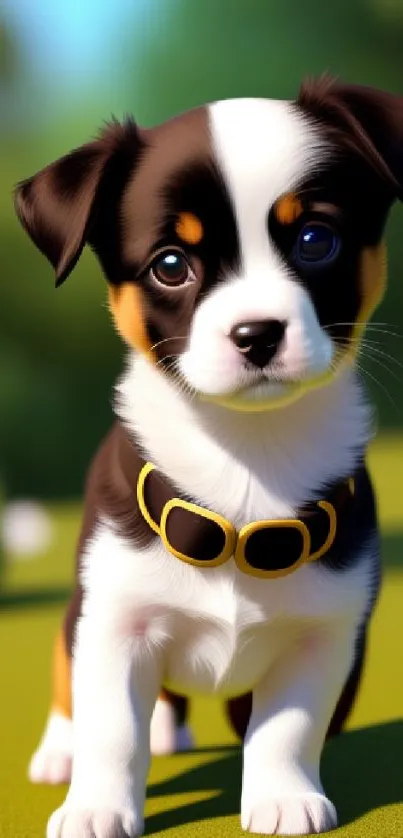 Cute black and white puppy standing in green garden setting.