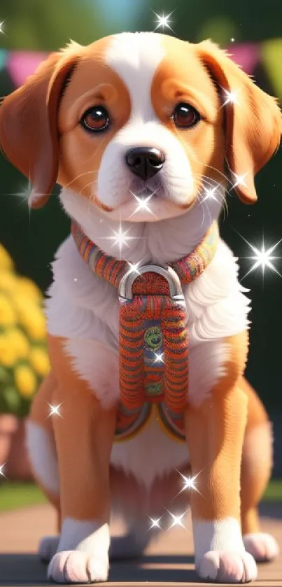 Adorable puppy sitting on a wooden deck in a colorful garden.