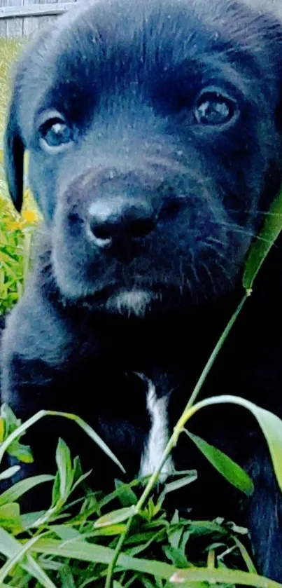 Black puppy sitting in green grass with a fence in the background.