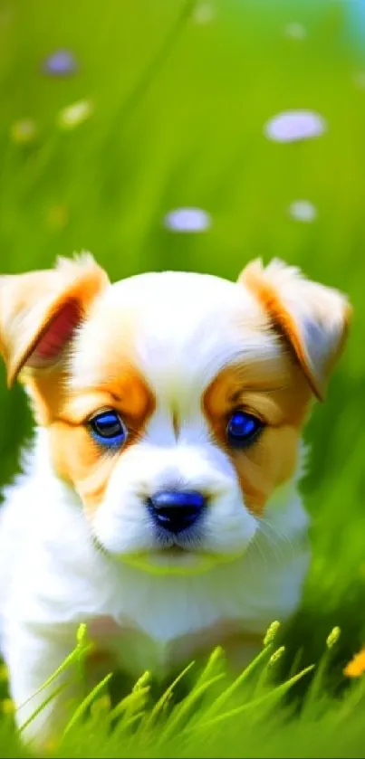 Cute puppy with blue eyes on a green field with flowers wallpaper.