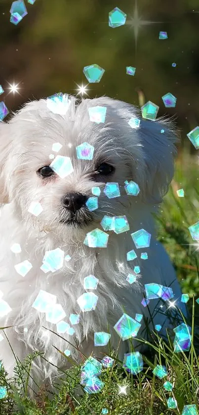 Cute white puppy sitting on grass in a lush green field, perfect for wallpapers.