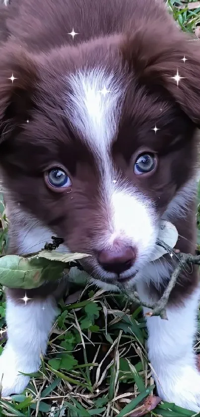 Adorable brown and white puppy chewing a leaf in a grassy field.