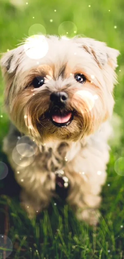 Adorable puppy smiling on lush green grass background.