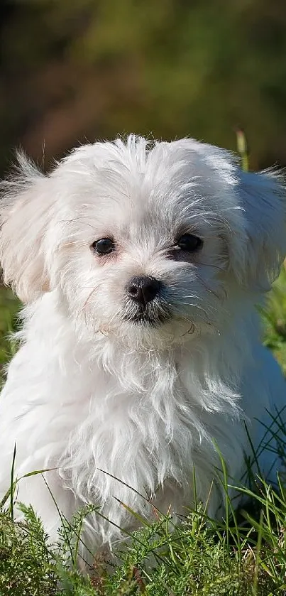 Adorable white puppy sitting in lush green grass.