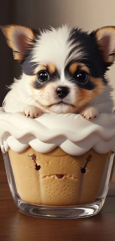 Fluffy puppy nestled in a muffin cup, creating a sweet and adorable scene.