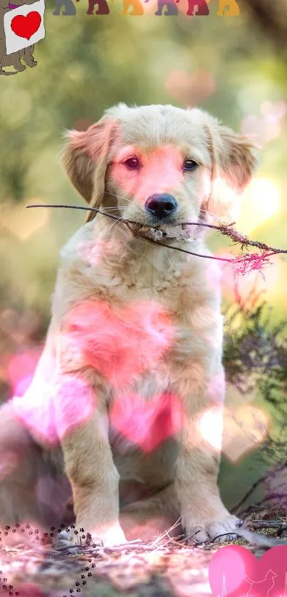 Adorable golden retriever puppy holding stick with heart shapes in the background.