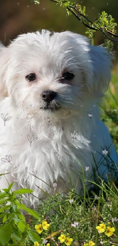 Fluffy puppy in grassy meadow with butterflies.