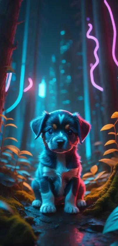 Cute puppy sitting in vibrant neon-lit forest.