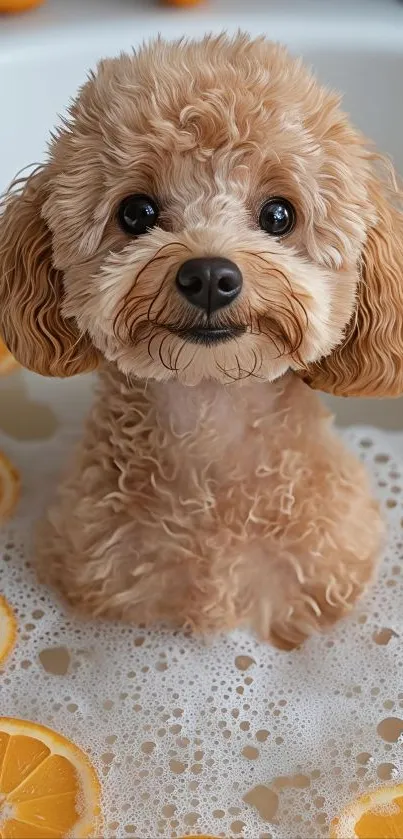 Cute curly-haired puppy in orange bubble bath.