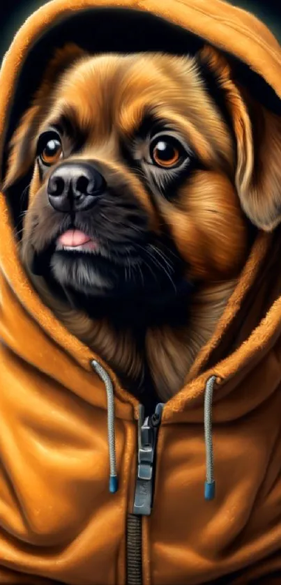 Adorable puppy wearing an orange hoodie, gazing curiously.