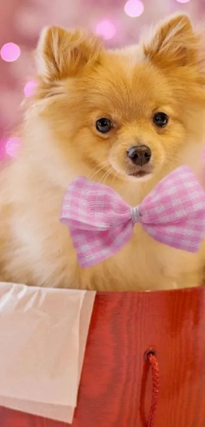 Fluffy puppy with pink bowtie in gift box on pink background.