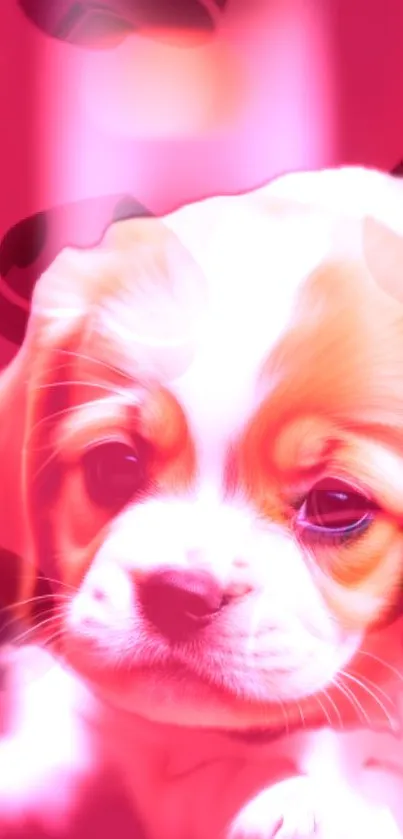 Adorable puppy with pink glow, perfect for mobile wallpaper.