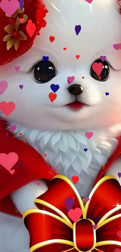 Cute puppy in red with hearts and a bow, perfect mobile wallpaper.