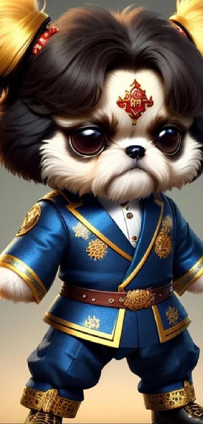 Cartoon puppy in blue and gold royal costume with fluffy fur.