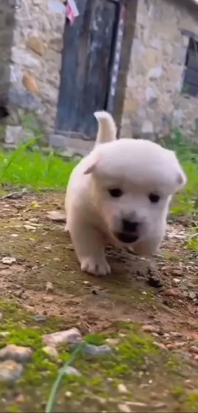 Adorable white puppy exploring outdoors near rustic stone building.