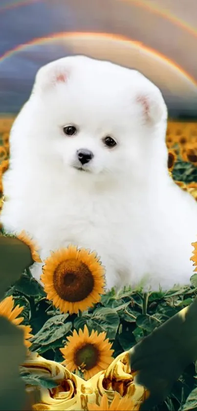 Cute white puppy among sunflowers with a double rainbow in the background.