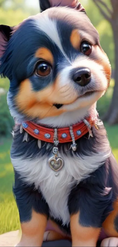 Cute puppy with red collar sitting in a sunny garden.