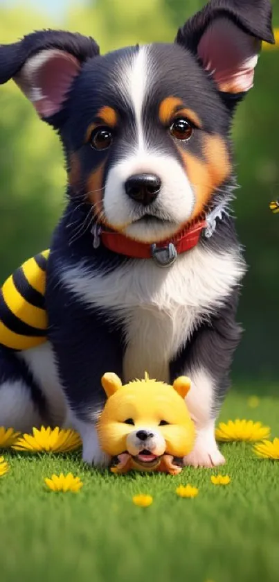 Cute puppy in bee costume with yellow flowers.