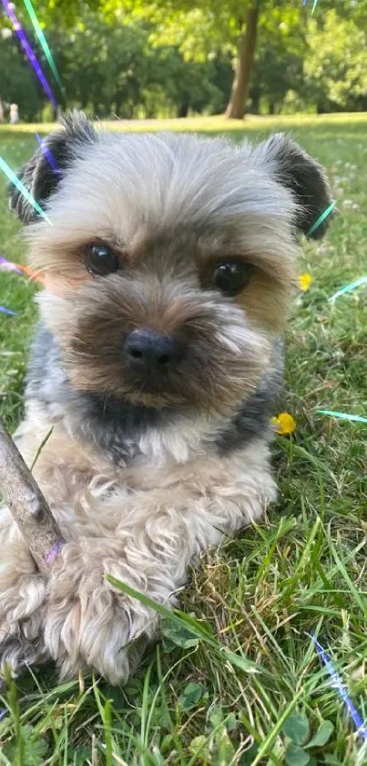 Adorable puppy holding a stick on lush green grass.