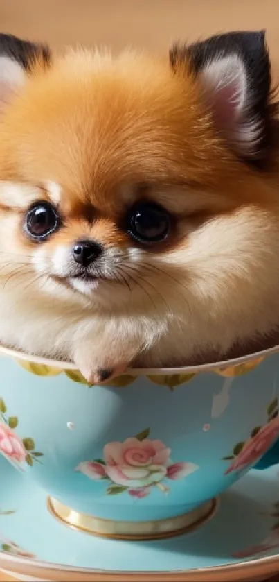 Cute fluffy puppy sitting inside a teacup.