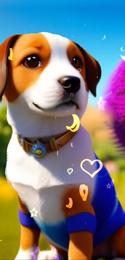 Adorable puppy in a colorful, cartoon-style landscape with whimsical shapes.