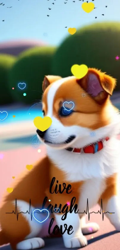 Adorable puppy with hearts and text 'live, laugh, love' on sunny background.