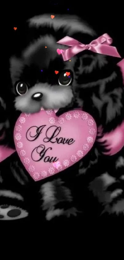 Cute black puppy with pink heart and bow on a dark background.