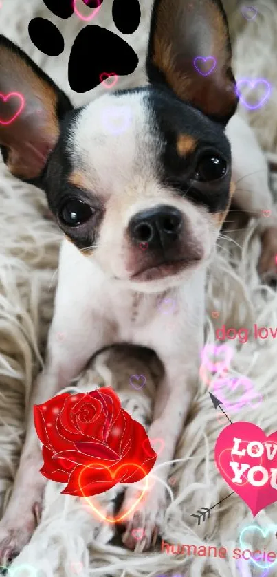 Adorable puppy on a fluffy rug with love designs.