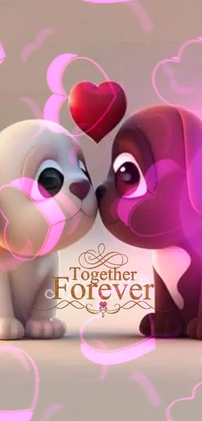 Cute cartoon puppies with a 'Together Forever' message and hearts background.