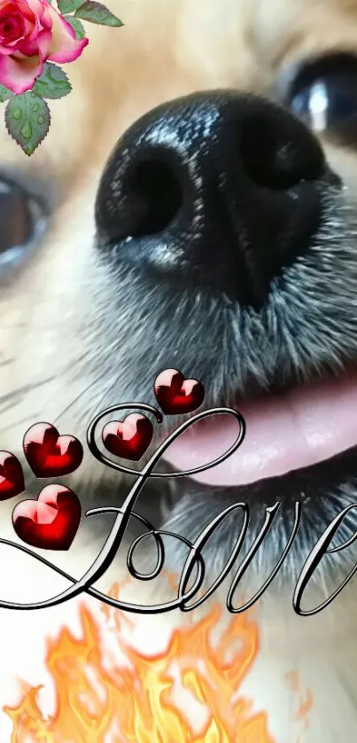 Close-up of puppy with love-themed elements.