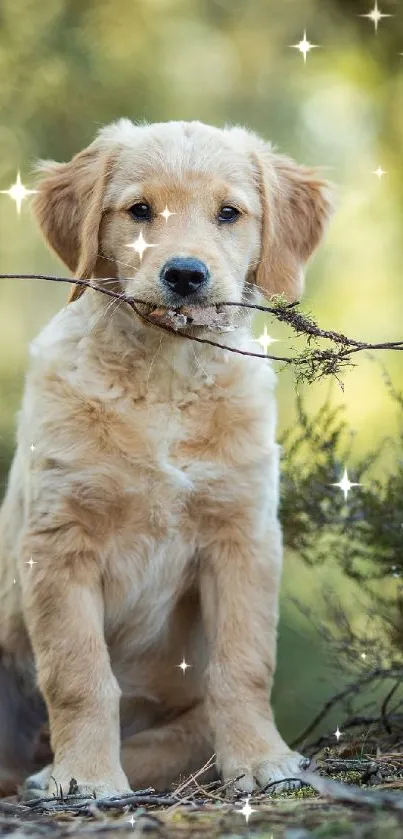 Adorable golden retriever puppy with a stick in a sparkling forest setting.