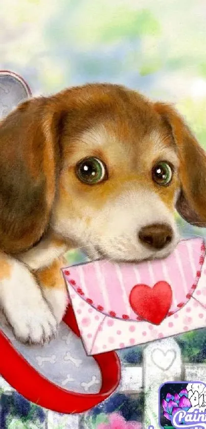 Cute puppy inside red mailbox with hearts and flowers.