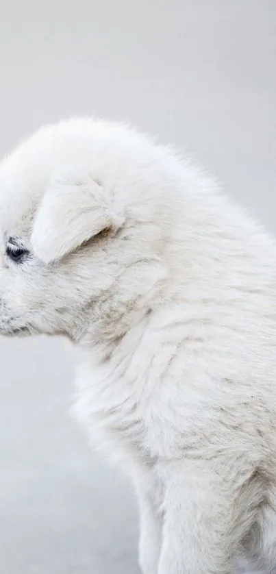 Adorable white puppy with soft fur sitting calmly on a minimalist background.