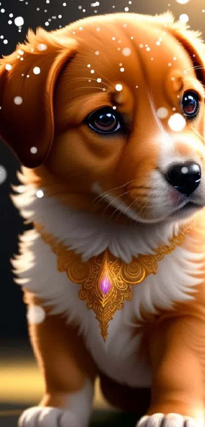 Adorable puppy with a golden collar in soft lighting.