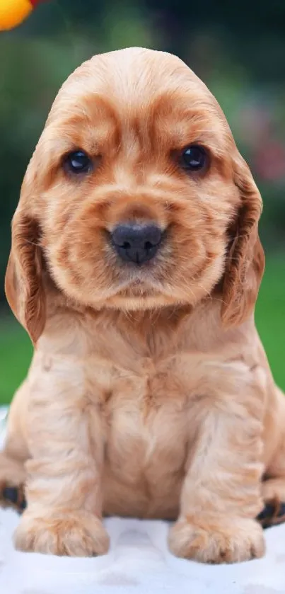 Adorable brown cocker spaniel puppy sitting on grass.