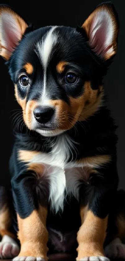 Adorable black and tan puppy with big eyes sitting against a dark background.