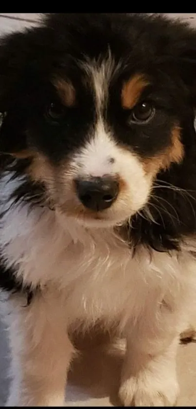 Adorable fluffy puppy with black, white, and brown fur on a tiled floor.