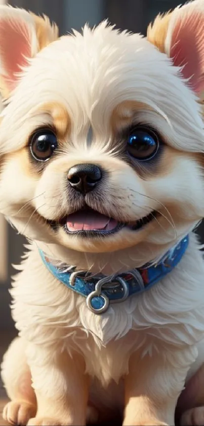 Adorable fluffy puppy with big eyes and blue collar, sitting indoors.