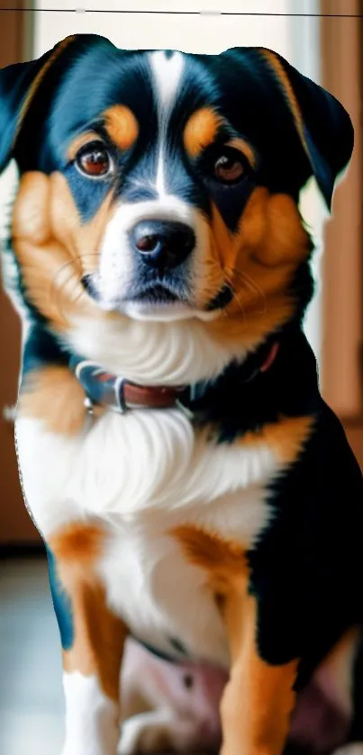 Adorable tricolor puppy sitting indoors, perfect for phone wallpaper.