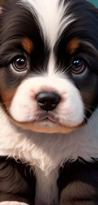 Charming fluffy puppy with big eyes, perfect for a mobile phone wallpaper.