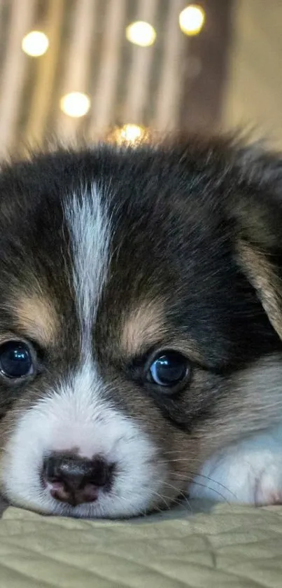 Cute fluffy puppy with big eyes lying down, soft lighting.