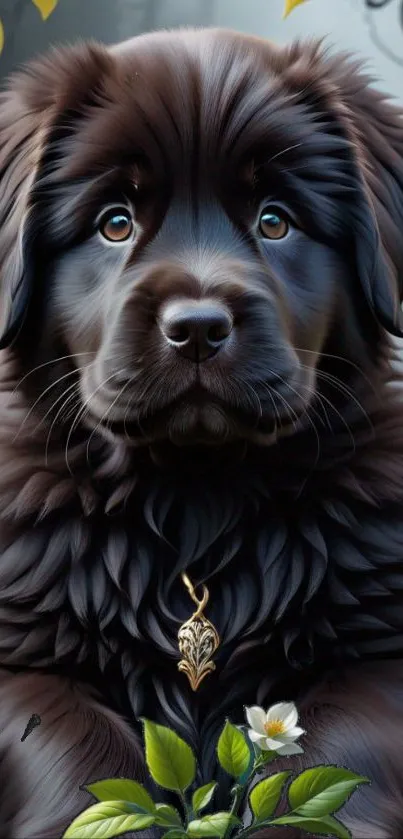 Adorable black puppy with pendant in nature.